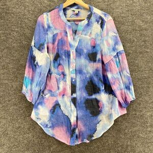Zac & Rachel Shirt Women M Medium Blue Colorblock V-Neck Button Up Long Sleeve